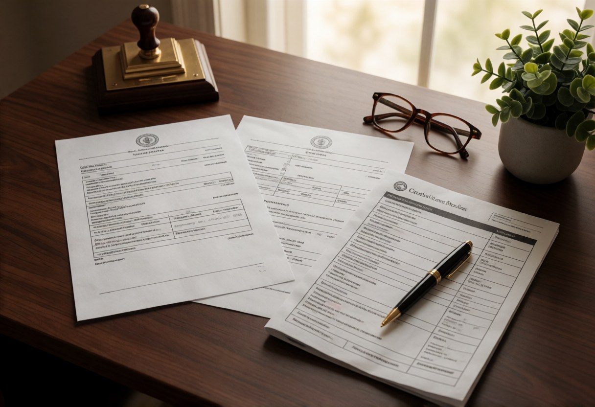 Customs declaration paperwork, official stamp and pen on a broker's desk